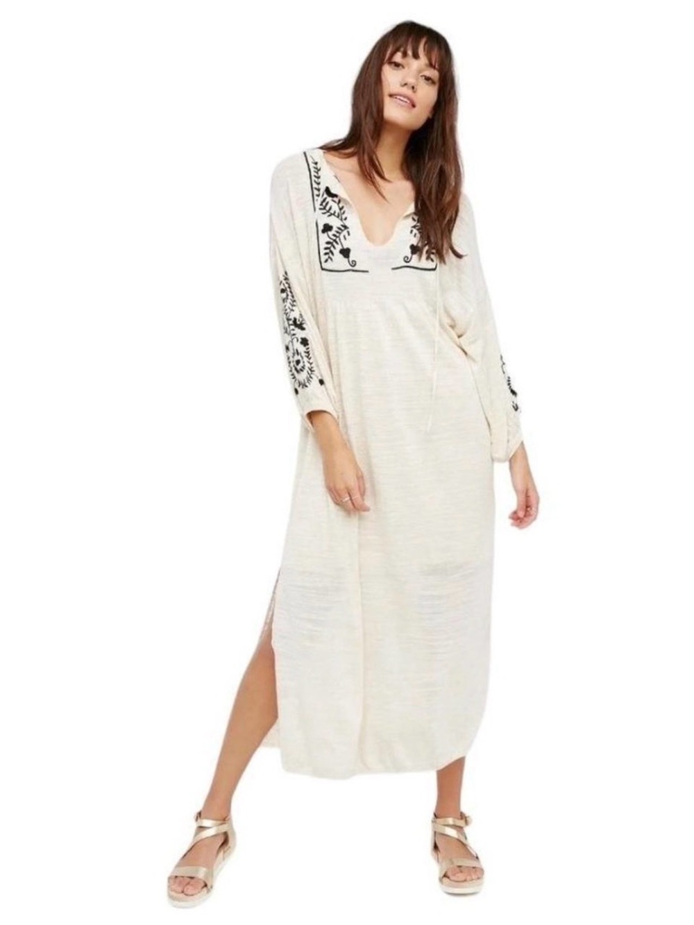 Free People Sweet Harvest Cream Embroidered Long Maxi Dress Kaftan With Slip XS